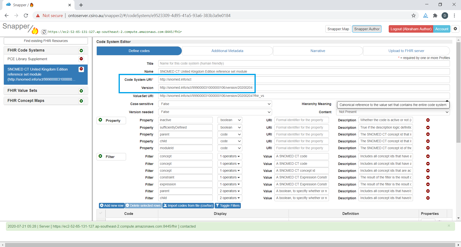 Inclusions and exclusions screen highlighting code