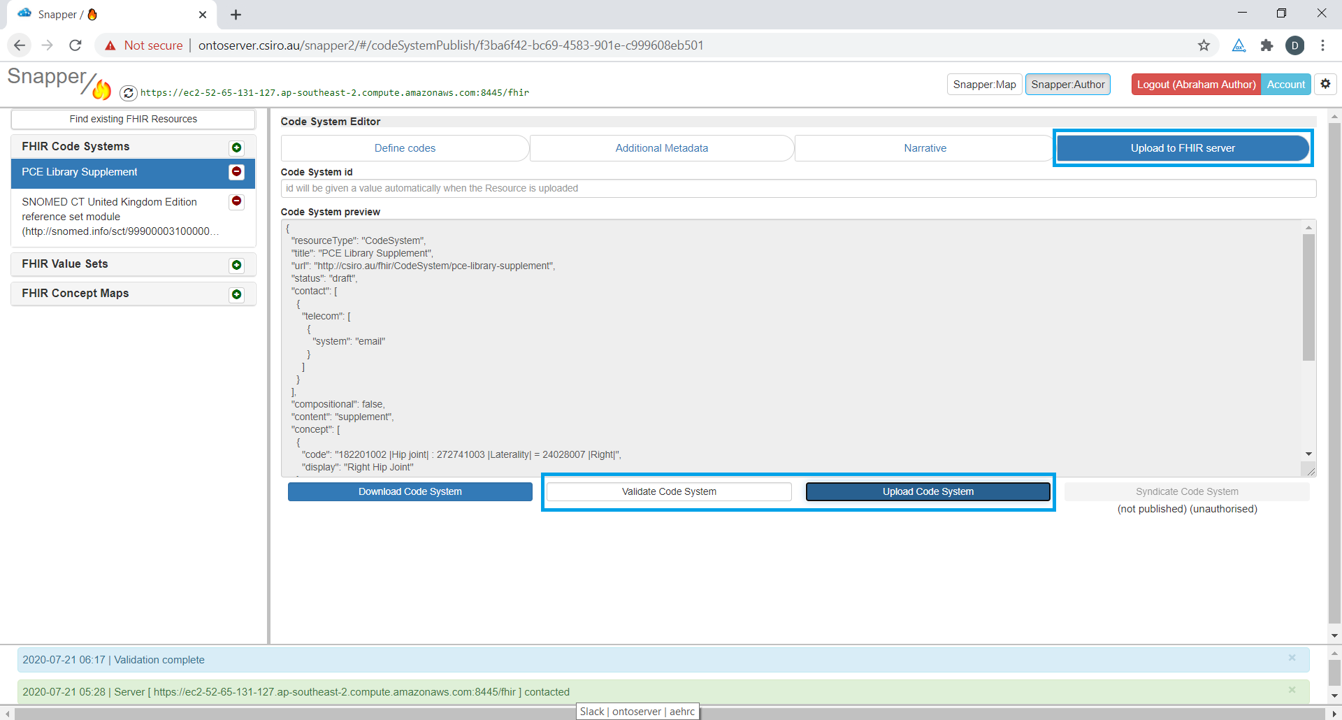 PCE library supplement screen with code system editor