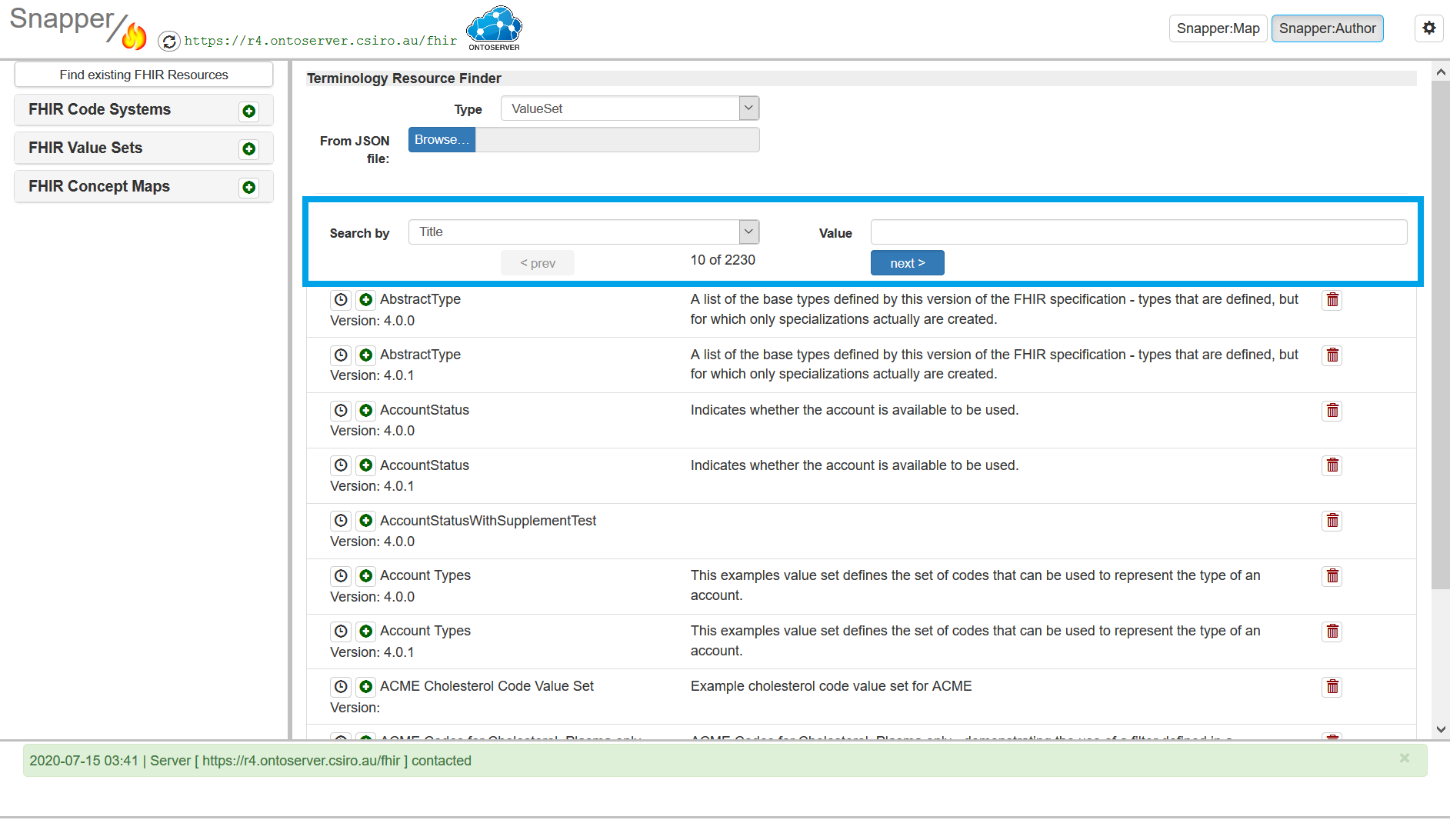 Snapper author screen with search by and value highlighted.