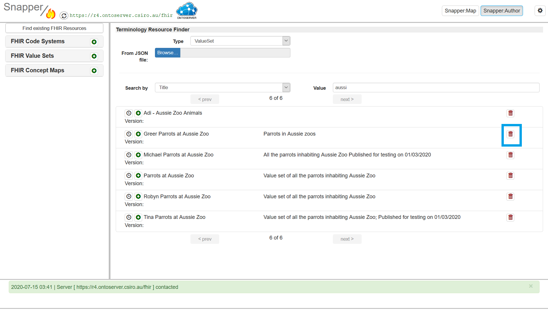 Snapper author screen with resources you are going to delete displayed.