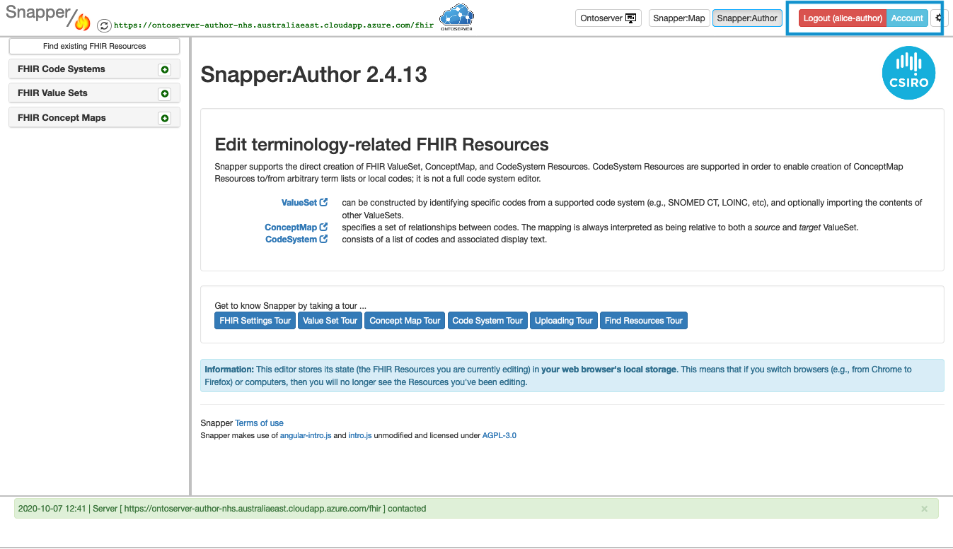 Snapper:author - Log out and Account buttons