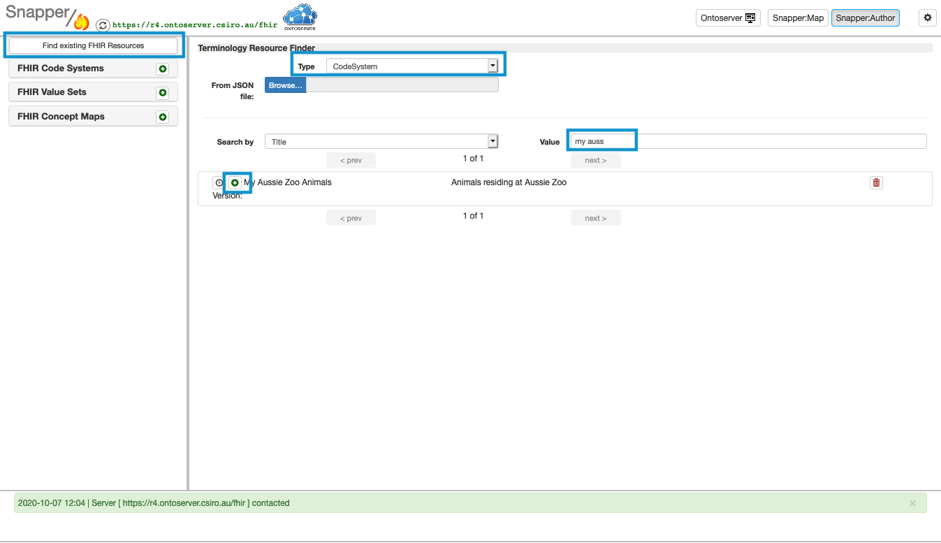 Snapper menu with find existing FIHR resources and terminology resource finder type highlighted.