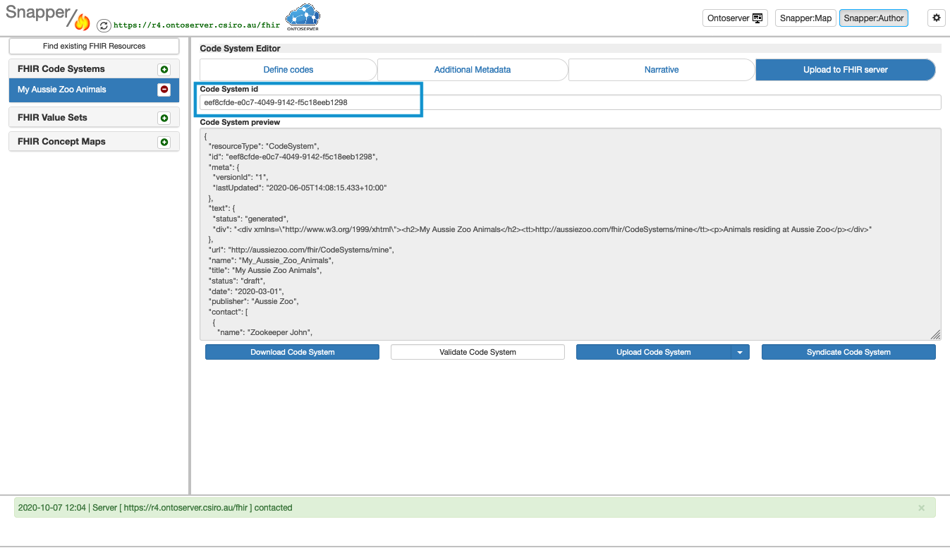 Snapper menu with code system ID field highlighted.