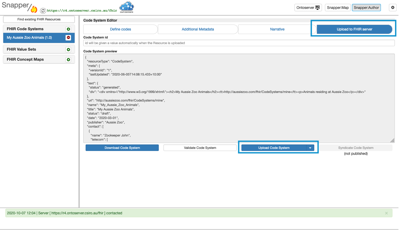 Snapper screen with upload to the FIHR sever highlighted