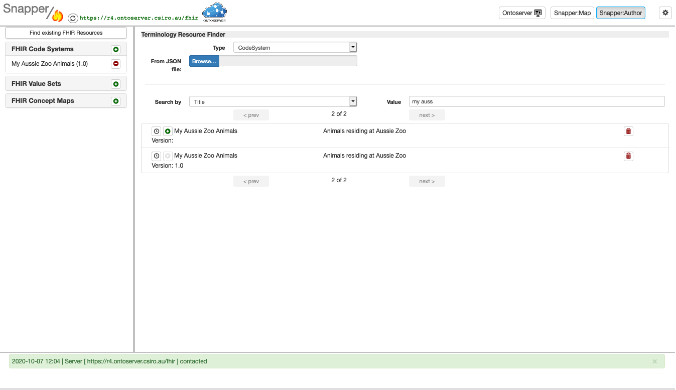 Snapper menu with FIHR code systems and new FIHR resources file showing on the left hand side of the screen.