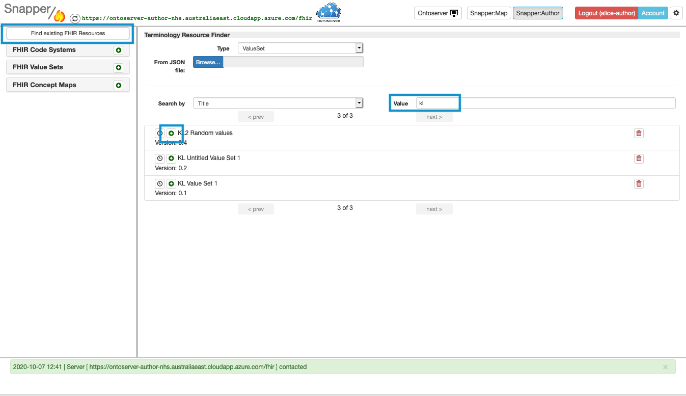 Snapper screen with find existing FIHR resources highlighted