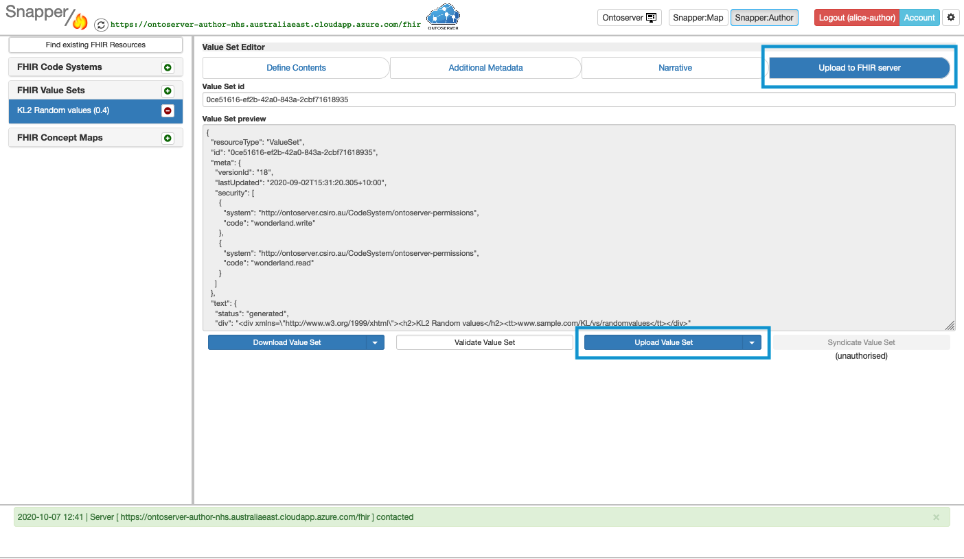 Snapper screen with upload to FIHR sever screen highlighted