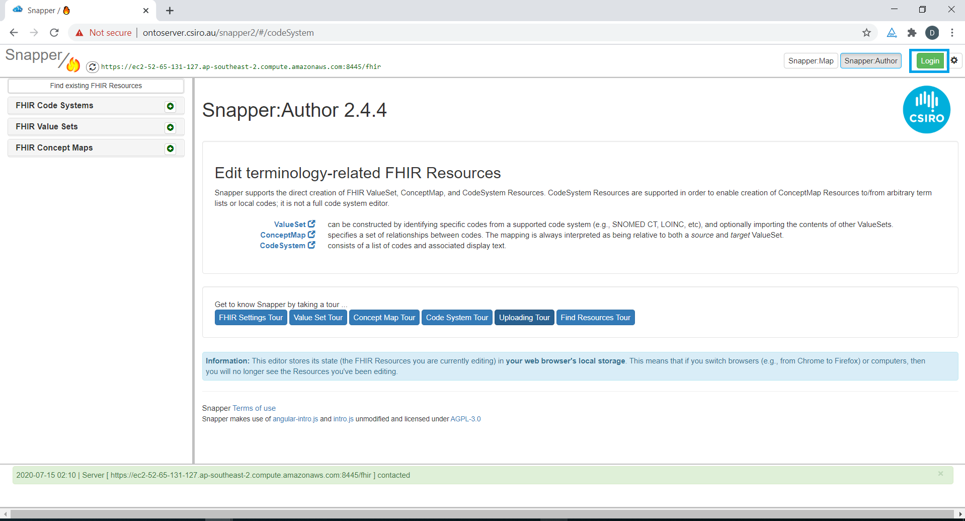 Snapper author screen edit terminology and FIHR resources screen.