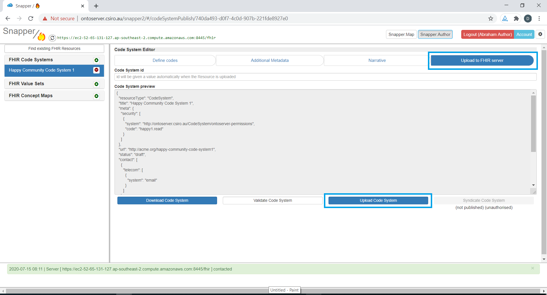 Snapper screen with upload to the FIHR sever highlighted