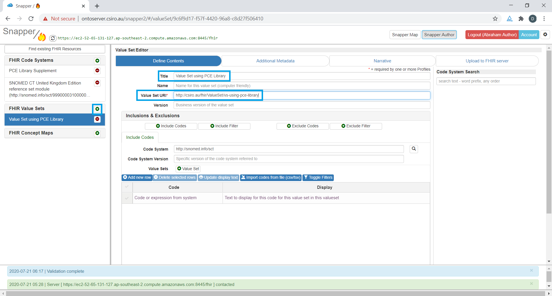 Value set editor screen with title name and value set URL highlighted