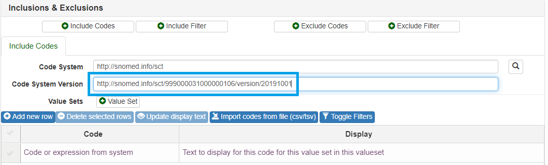 Inclusions and exclusions screen with code system version highlighted