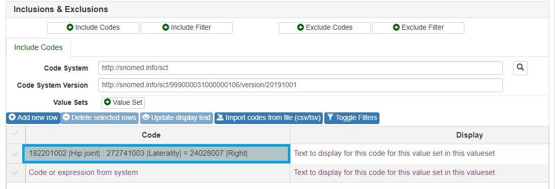Inclusions and exclusions screen with code highlighted