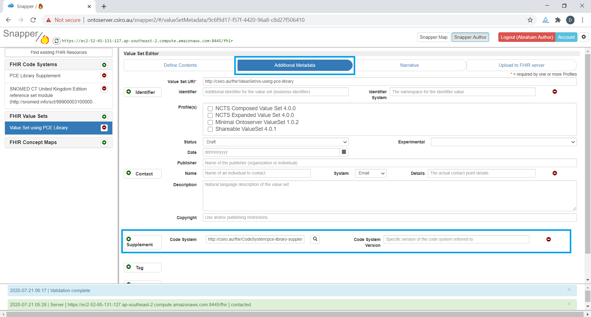 Value set editor with value set using PCE library screen with additional metadata highlighted