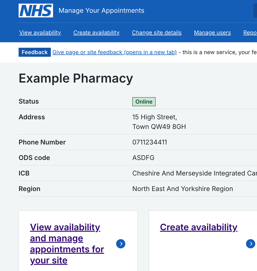 Screenshot of National Booking Service showing View availability and Create availability tabs.