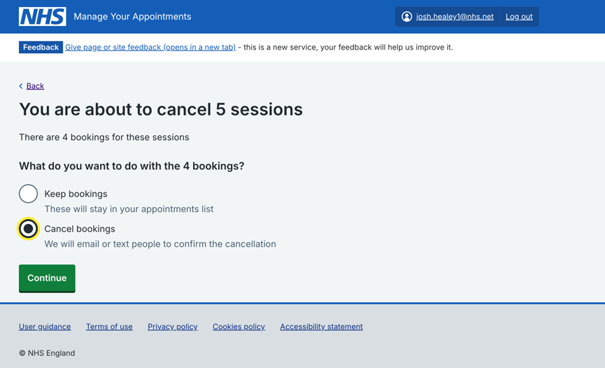 Screenshot of National Booking Service showing example 'You are about to cancel 5 sessions'.