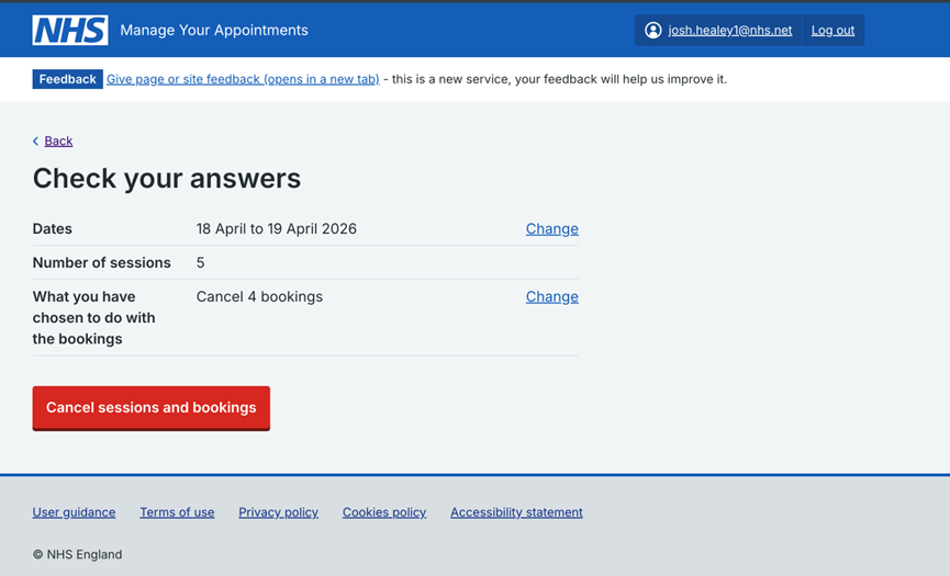 Screenshot of National Booking Service showing Cancel sessions and bookings button.