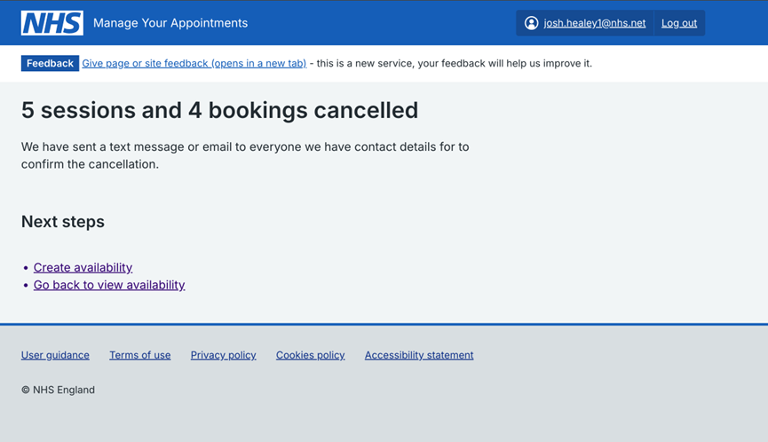 Screenshot of National Booking Service showing example '5 sessions and 4 bookings cancelled'.
