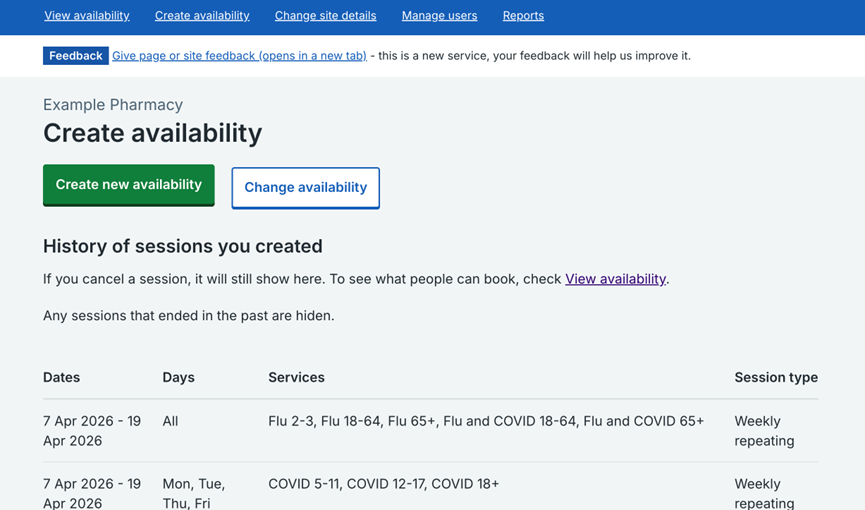 Screenshot of National Booking Service showing Create availability button.