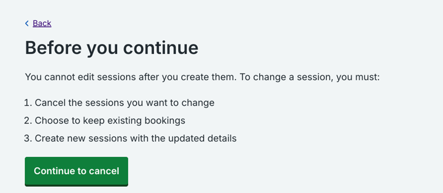 Screenshot of National Booking Service showing Continue to cancel button.