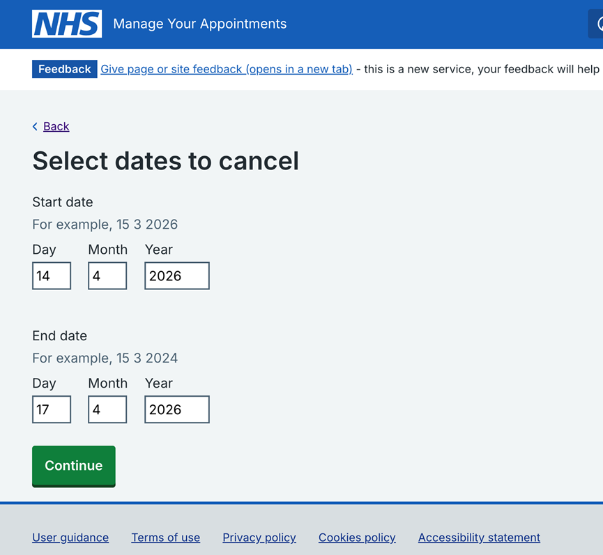Screenshot of National Booking Service showing how to select date ranges.