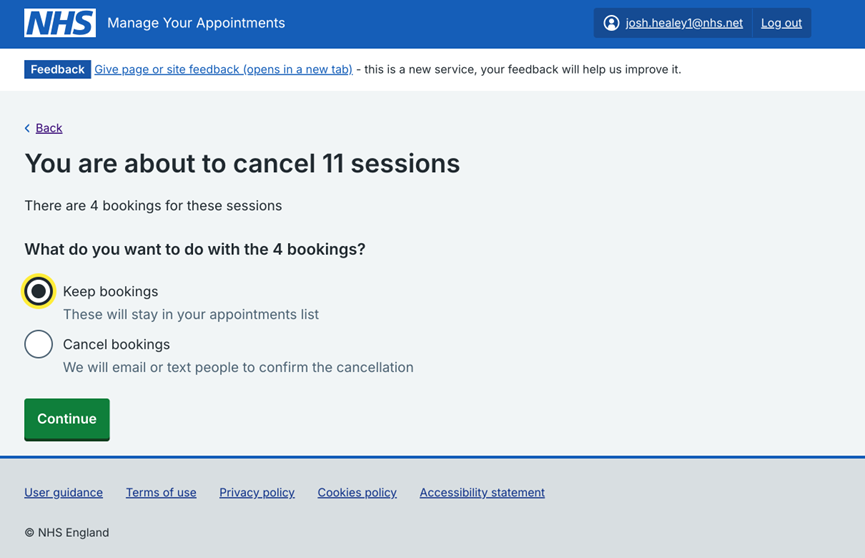 Screenshot of National Booking Service showing an example 'You are about to cancel 11 sessions'.