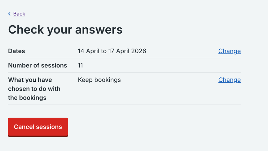 Screenshot of National Booking Service showing Cancel sessions button.