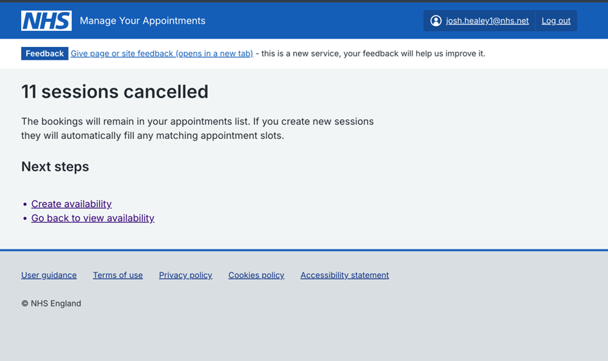 Screenshot of National Booking Service showing example with '11 sessions cancelled'.