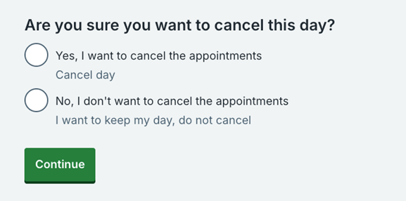 Screenshot of National Booking System showing 'Are you sure you want to cancel this day?' screen