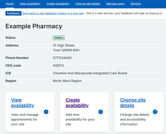 View availability - example pharmacy landing page
