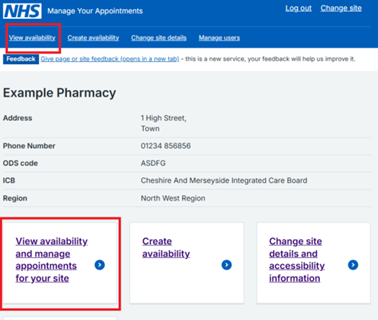 Manage your appointments - view availability tab