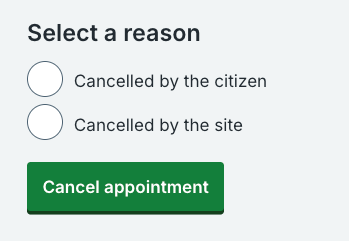 Screenshot showing National Vaccination Booking Service screen how to select a reason for cancellation.