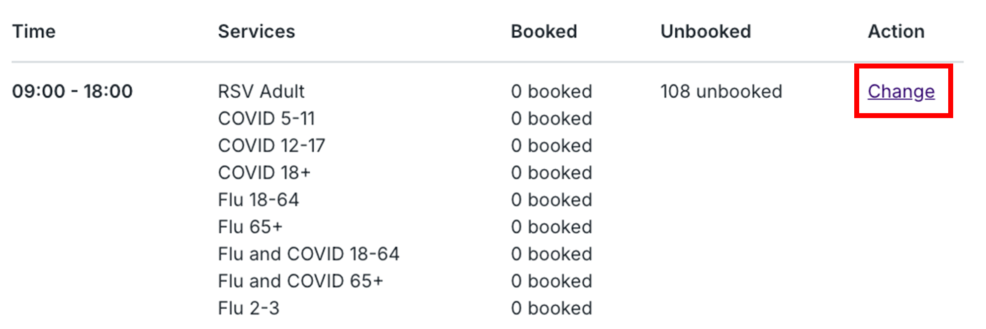 List of sessions with Change option highlighted