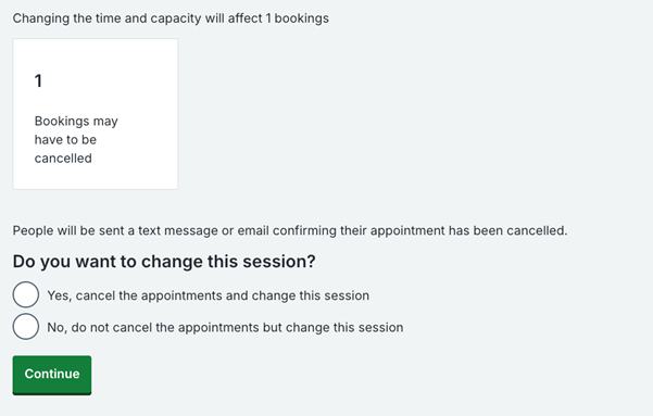 List of change and cancel options