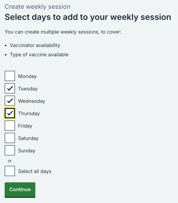 Select days to add to your weekly session screen