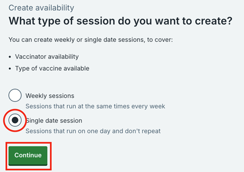 Single date session select screen