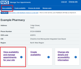 View availability selected on the landing page