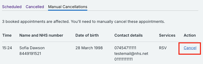 Manual cancellations tab
