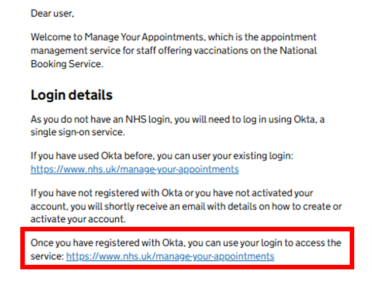 Welcome email - access link after registering with OKTA