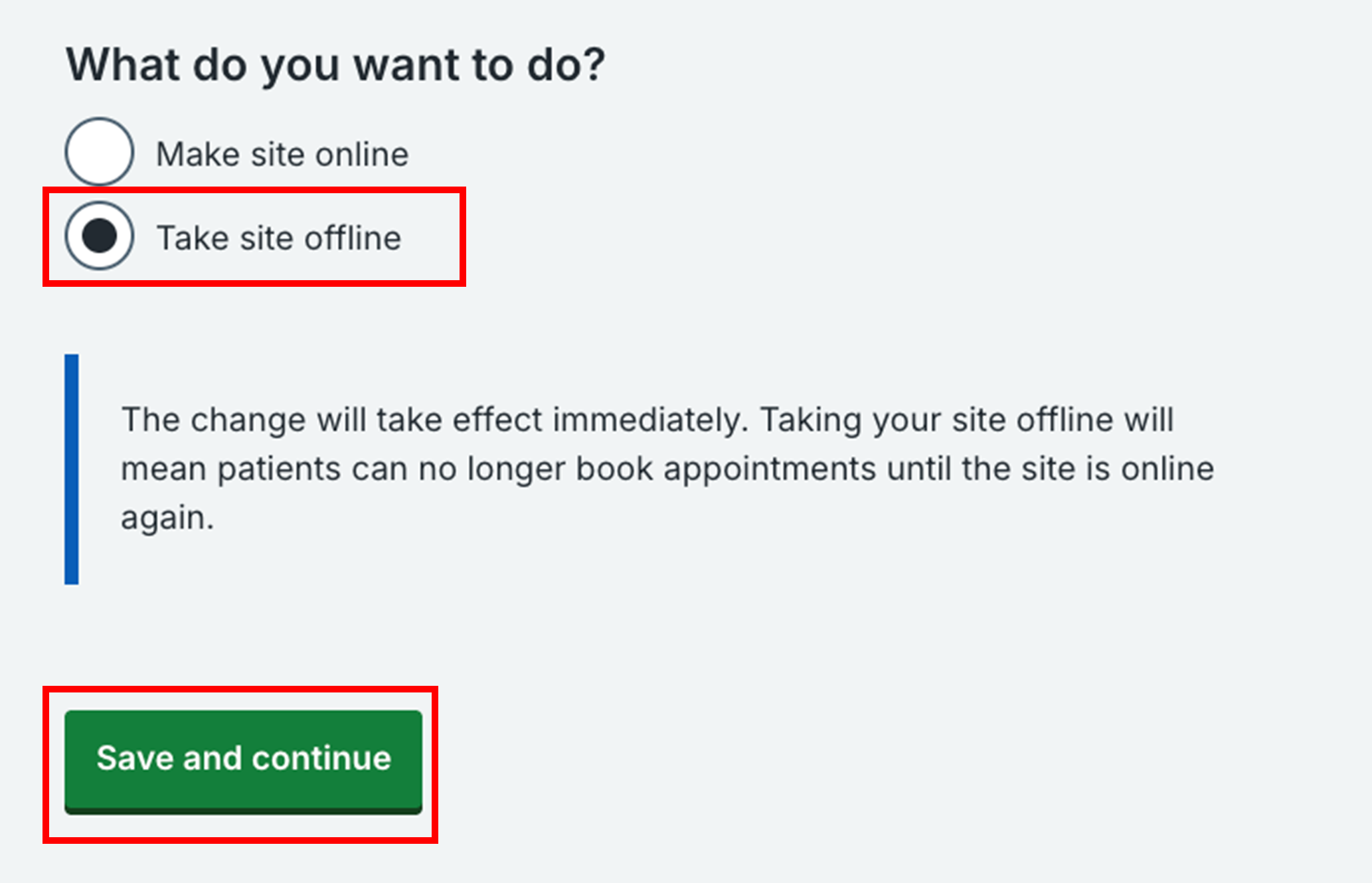 Screenshot of National Booking Service showing how to take site offline