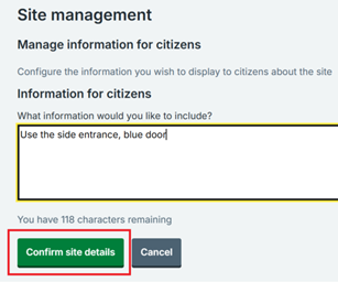Manage information for citizens screen. Example information for citizens in the box reads: "Use the side entrance, blue door."