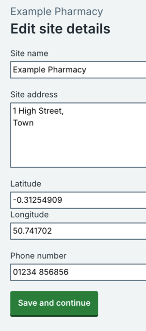 Edit site details screen