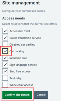 Screen where you can select or deselect access needs such as 'Car parking' and 'Wheelchair access'