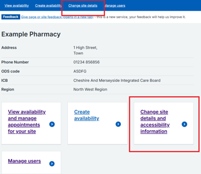 Landing page with 'Manage site details' links highlighted