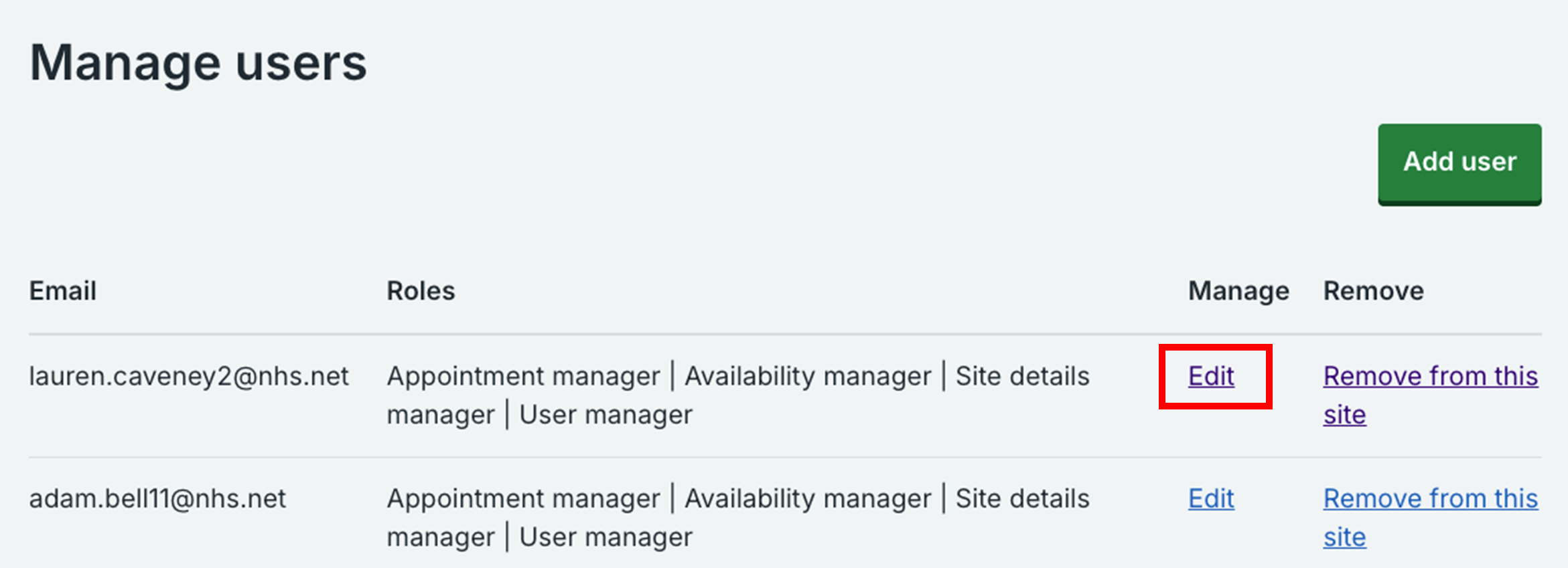Manage existing user