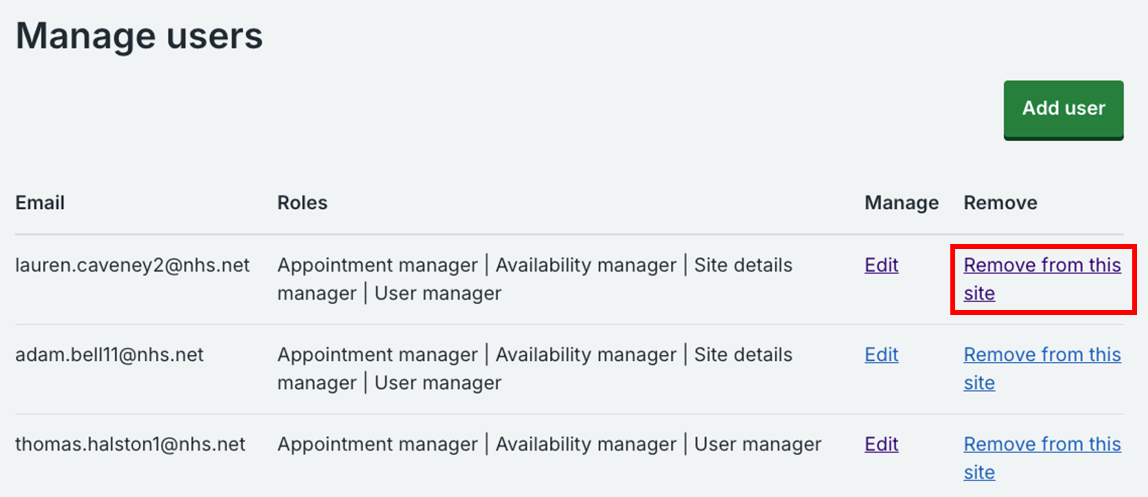 Remove user screen