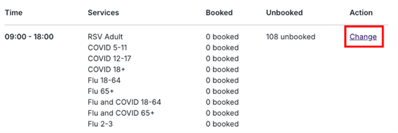List of sessions with Change option highlighted