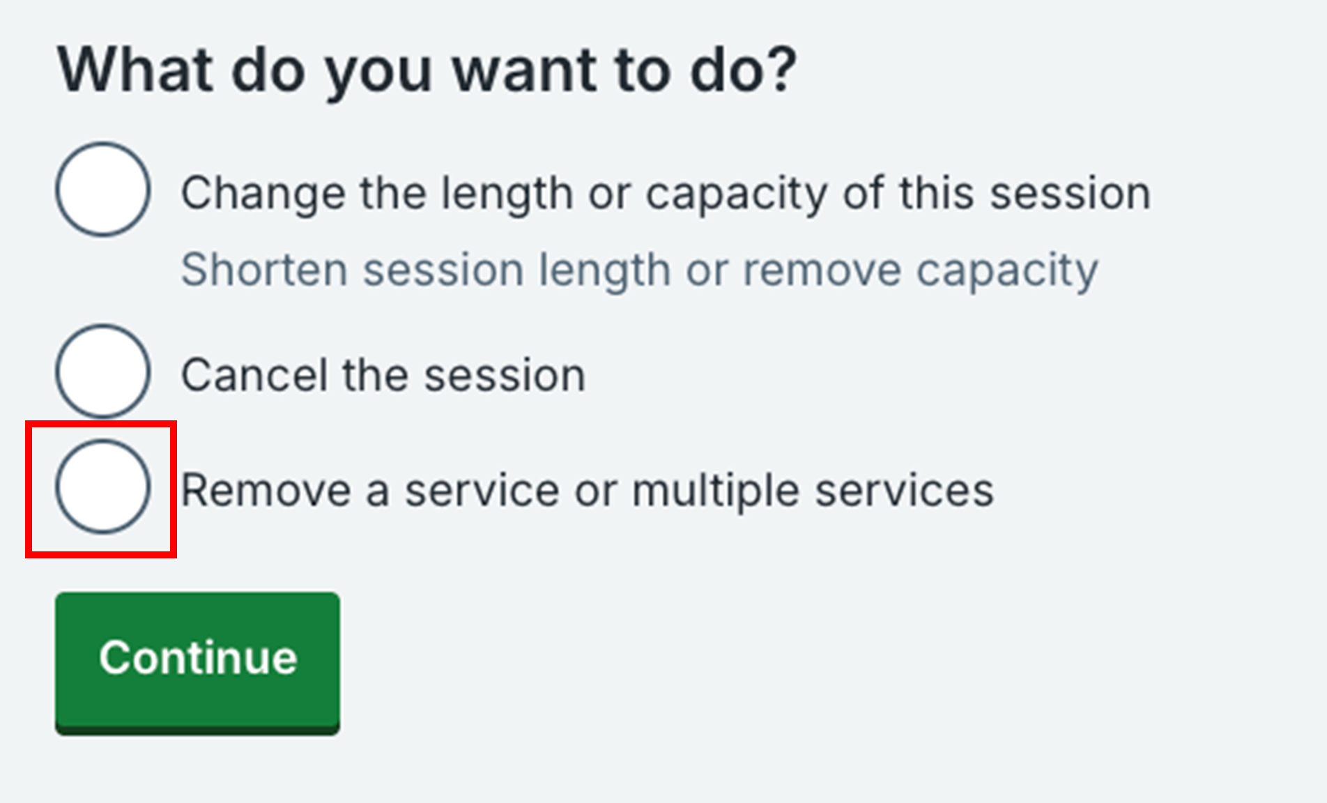 List of options, with Remove a service highlighted