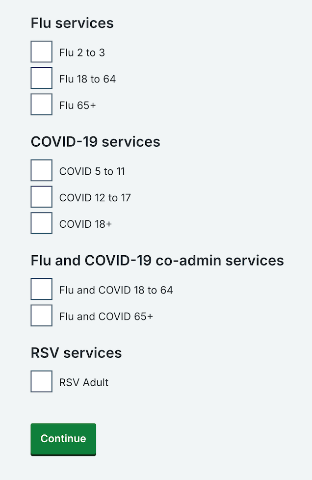 List of services with checkboxes to tick