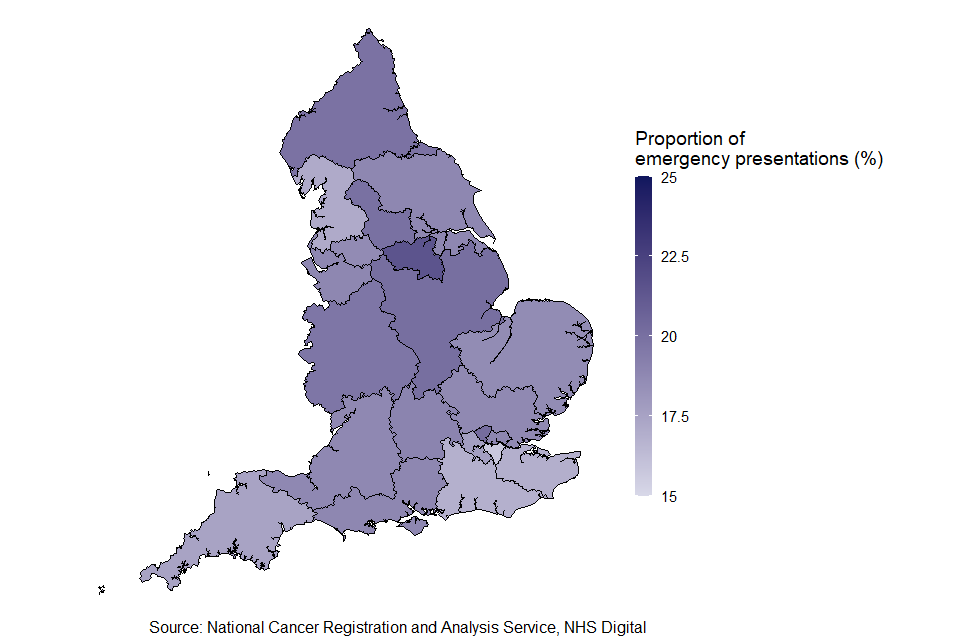 This figure is a map of England and the Cancer Alliance boundaries show as black lines. The proportion of emergency presentations for each Cancer Alliance is shown as a gradient, from light to dark, corresponding with low to high proportion. The map shows little geographic variation in the proportion of emergency presentations at a Cancer Alliance level for October to December 2021.