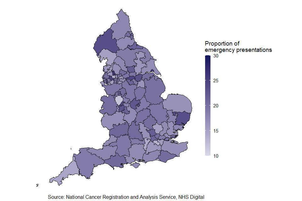 This figure is a map of England and the Clinical Commissioning Group boundaries show as black lines. The proportion of emergency presentations for each Cancer Alliance is shown as a gradient, from light to dark, corresponding with low to high proportion. The map shows little geographic variation in the proportion of emergency presentations at a Clinical Commissioning Group level for October to December 2021.